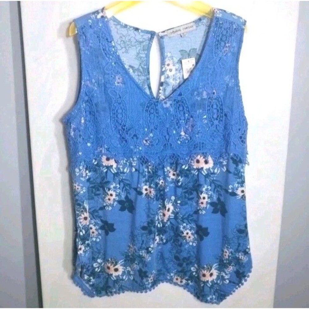 Women's Floral Tank Top Plus Size 1X Blue Crochet Lace NWT Cottagecore Boho
